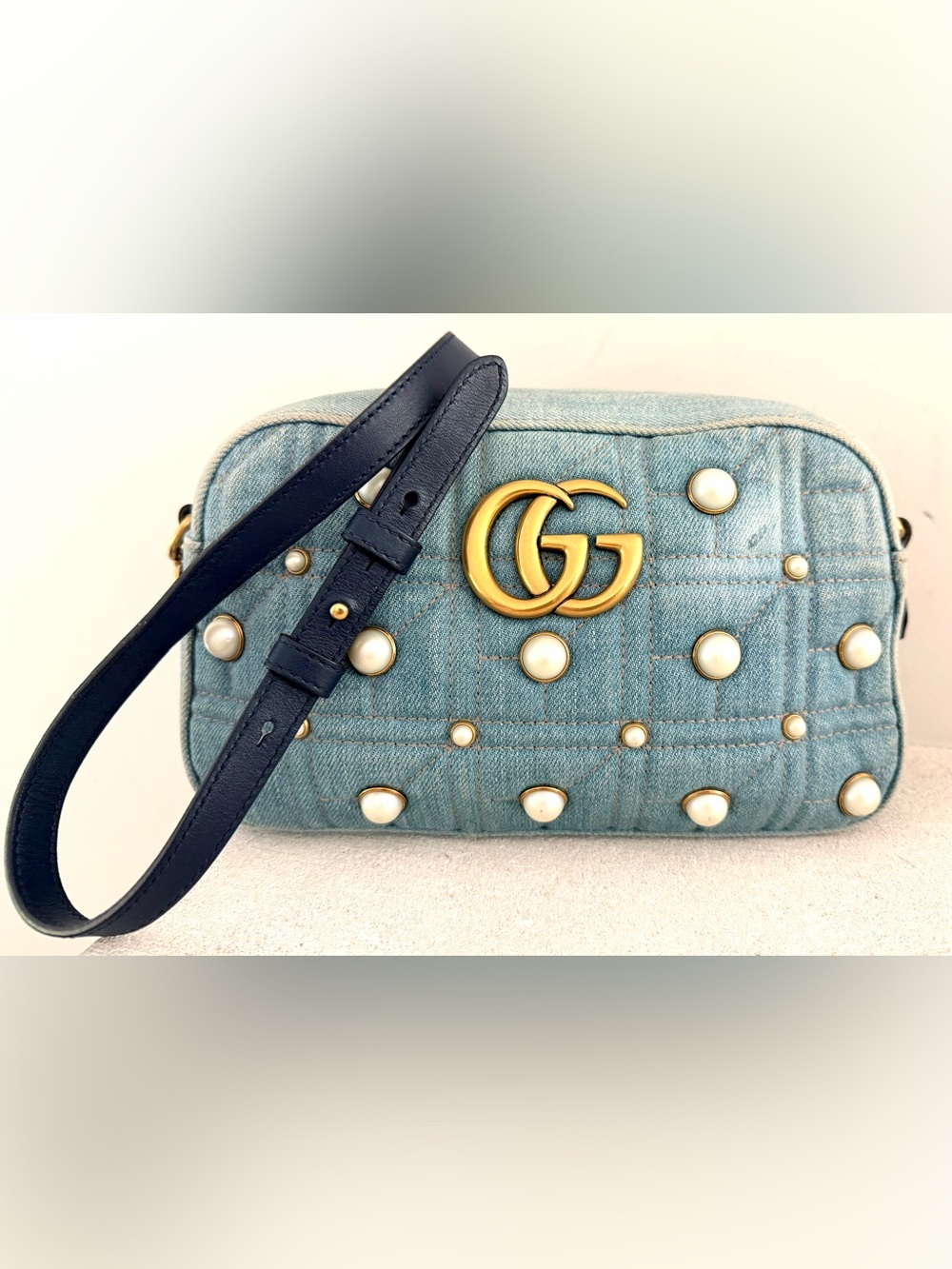 GUCCI GG Marmont Pearl Denim Camera Crossbody Bag